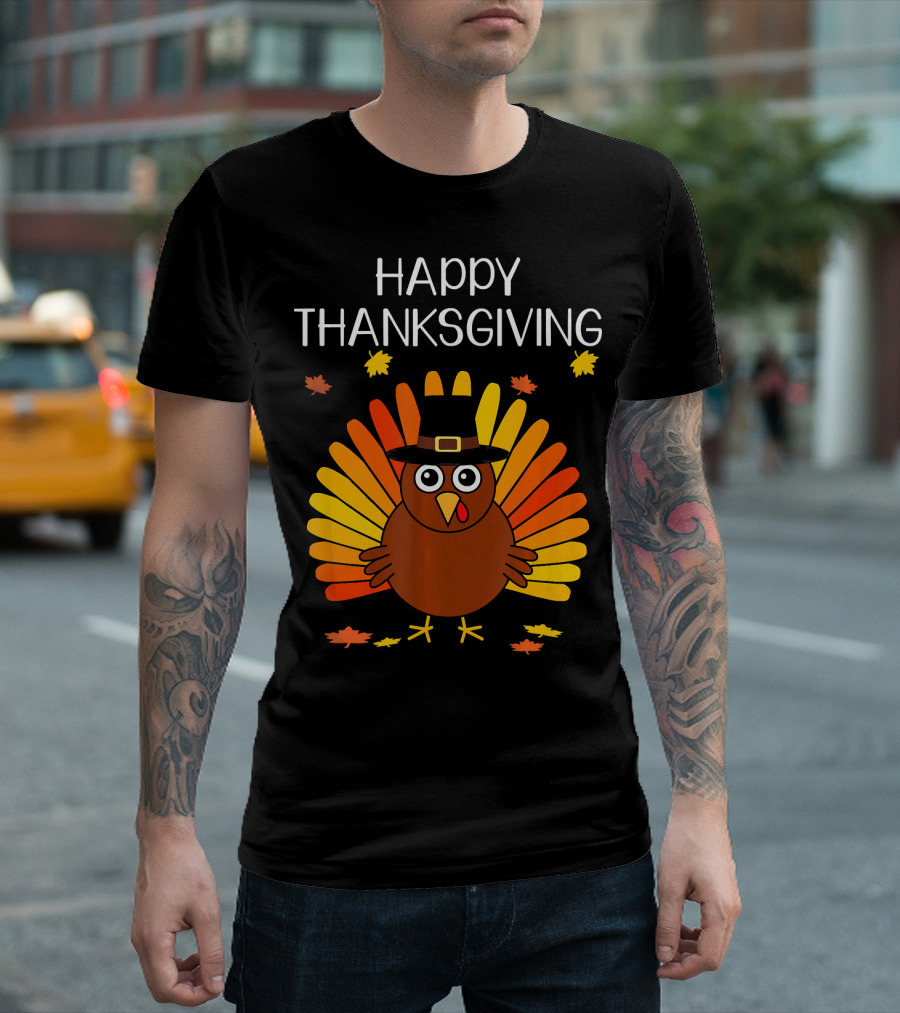 Happy Thanksgiving Day Turkey Pilgrim with Colorful Leaves T-Shirt