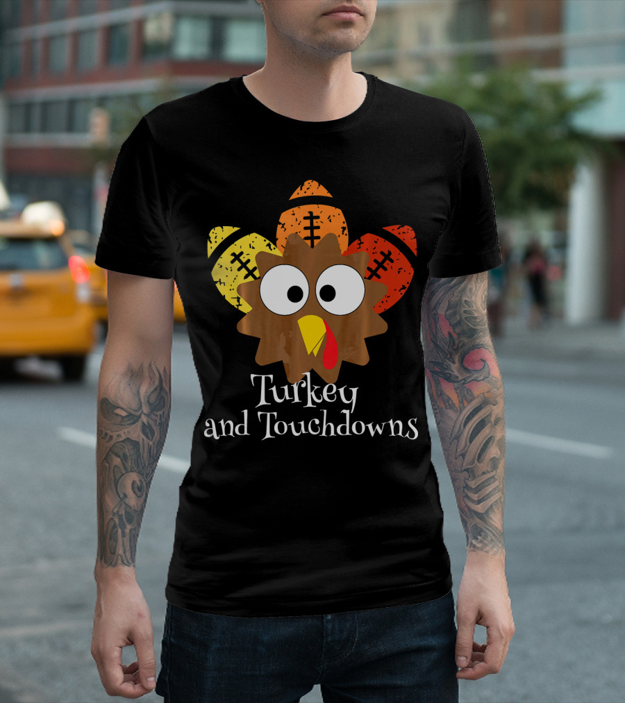 Turkey and Touchdowns Funny Thanksgiving Little Turkey Football T-Shirt