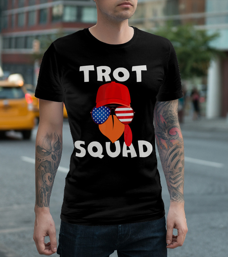 Trot Squad Patriotic Turkey with American Flag Sunglasses and Red Hat T-Shirt