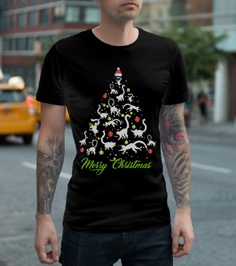 Merry Christmas Lemur Tree Design with Santa Hat Ornaments T-Shirt