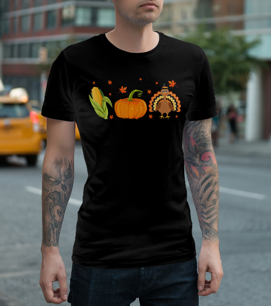 Thanksgiving Funny Corn Pumpkin Turkey With Leaves T-Shirt