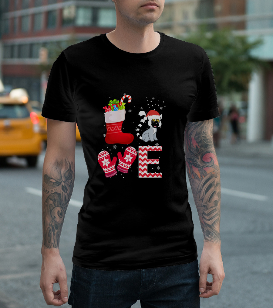 Funny Christmas Lemur Lover Lemur Love Stocking Mittens Snowflakes T-Shirt