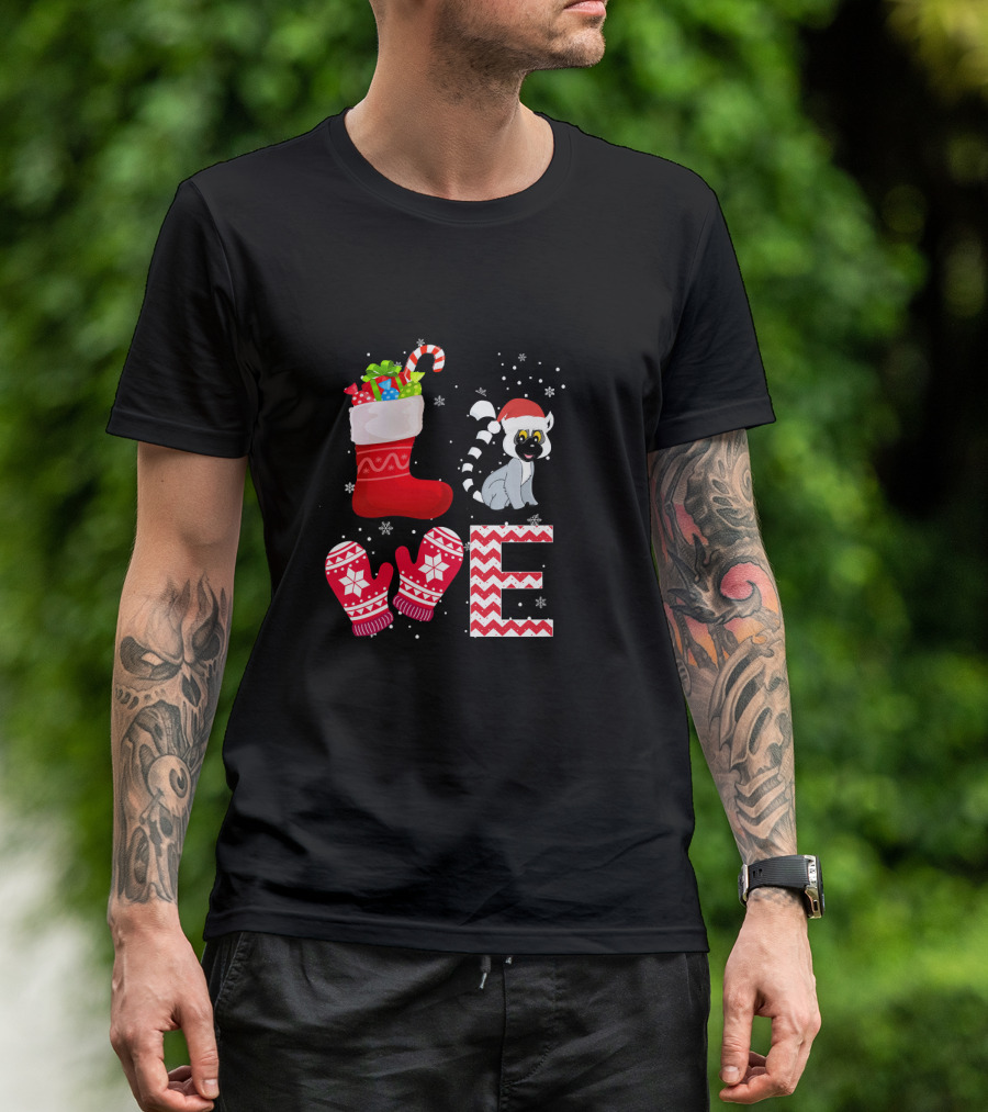 Funny Christmas Lemur Lover Lemur Love Stocking Mittens Snowflakes T-Shirt