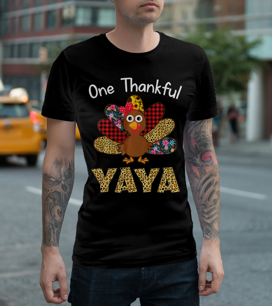 One Thankful Yaya Turkey Plaid Leopard Floral Thanksgiving T-Shirt