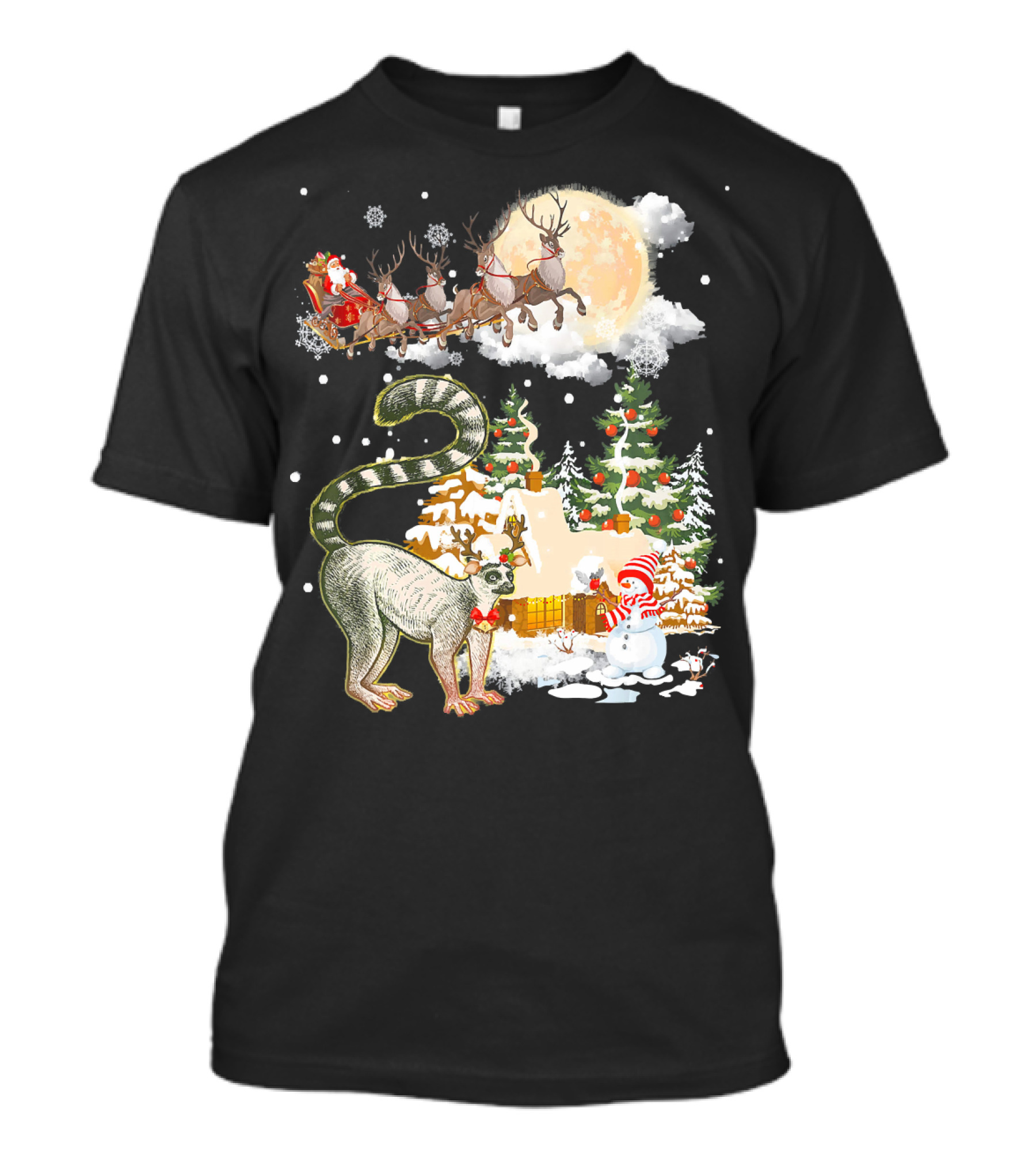 Lemur Comes To Town Santa's Sleigh Snowy Christmas Scene T-Shirt