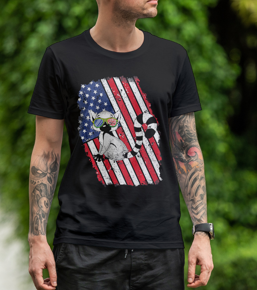 Lemur Wearing American Flag Sunglasses Stars And Stripes Background T-Shirt