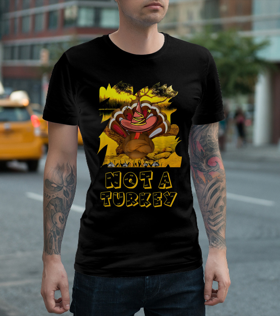 Not A Turkey Funny Thanksgiving Cartoon With Witch Hat And Sunset Background T-Shirt