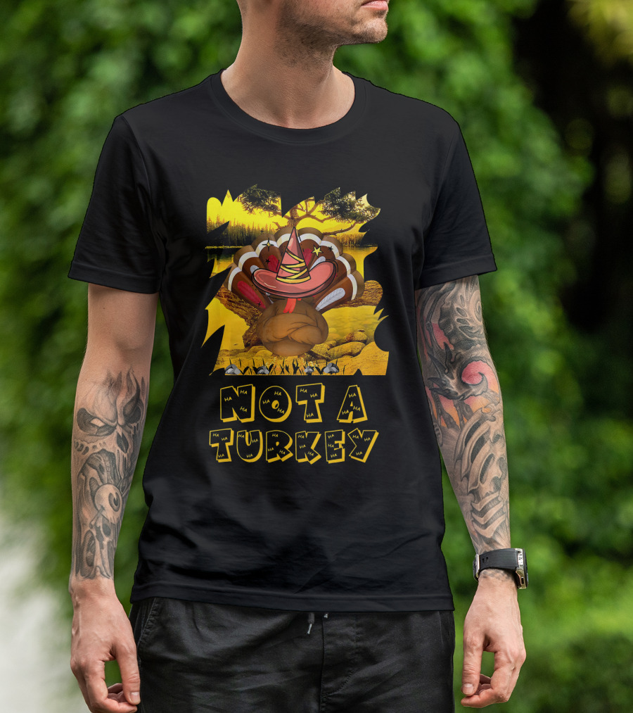 Not A Turkey Funny Thanksgiving Cartoon With Witch Hat And Sunset Background T-Shirt