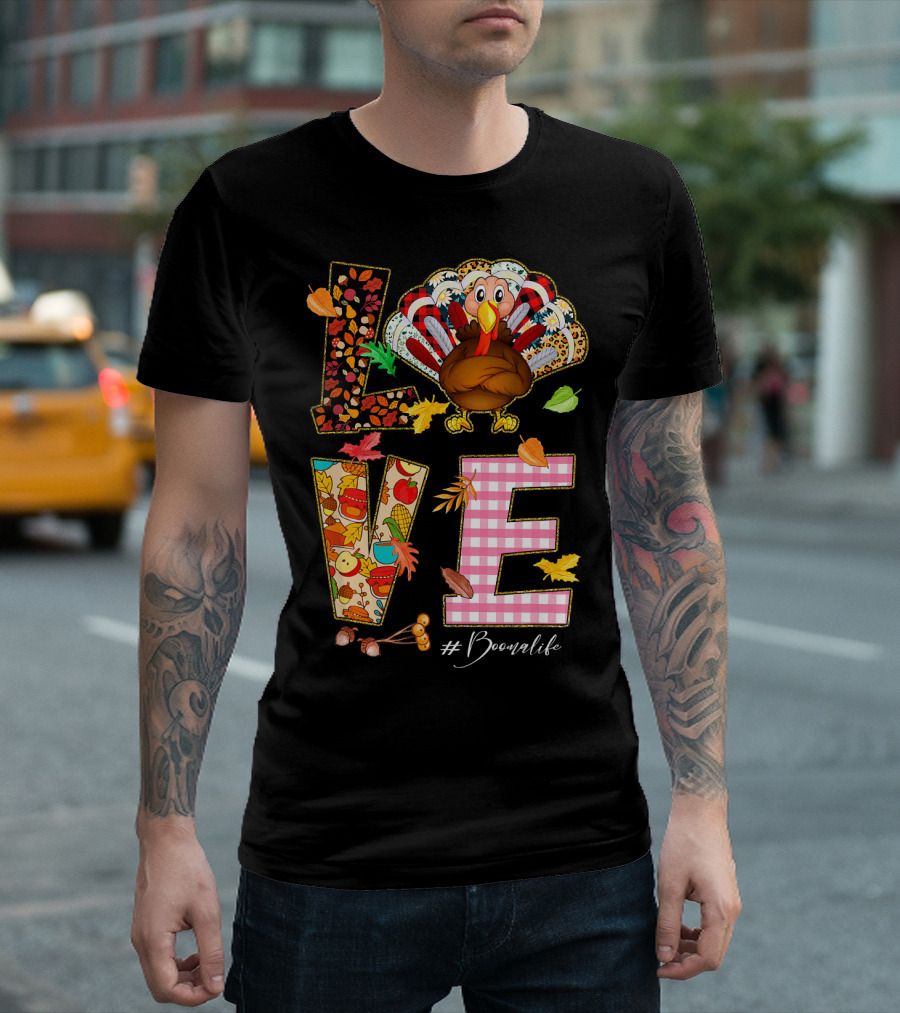 Love Turkey #Boomalife Thanksgiving Leopard Checkerboard Autumn Leafs T-Shirt