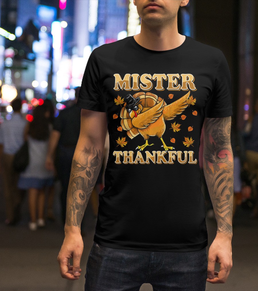 Mister Thankful Cute Dabbing Turkey With Hat And Autumn Leaves T-Shirt