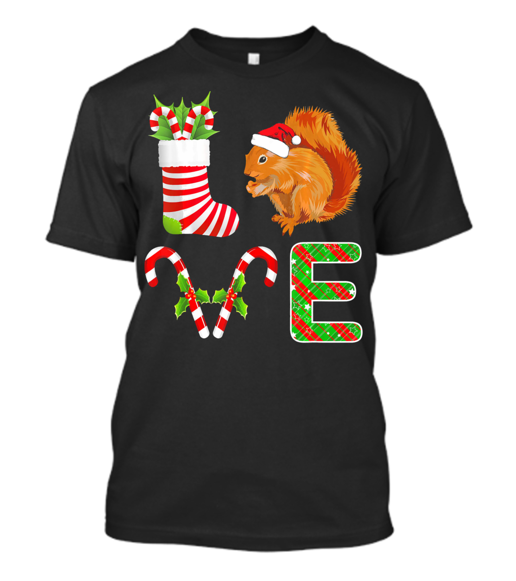 I Love Squirrel Funny Santa Squirrel Christmas Candy Cane Stocking T-Shirt