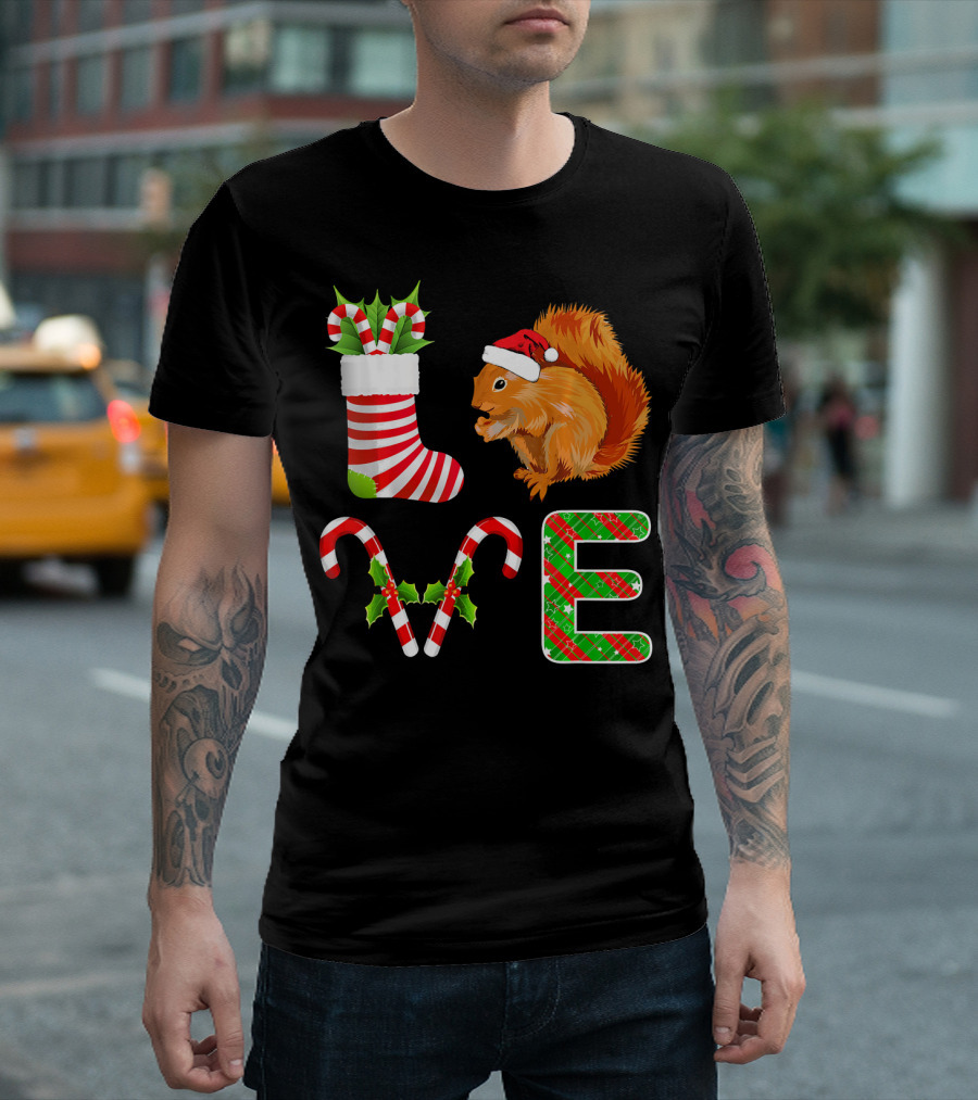 I Love Squirrel Funny Santa Squirrel Christmas Candy Cane Stocking T-Shirt