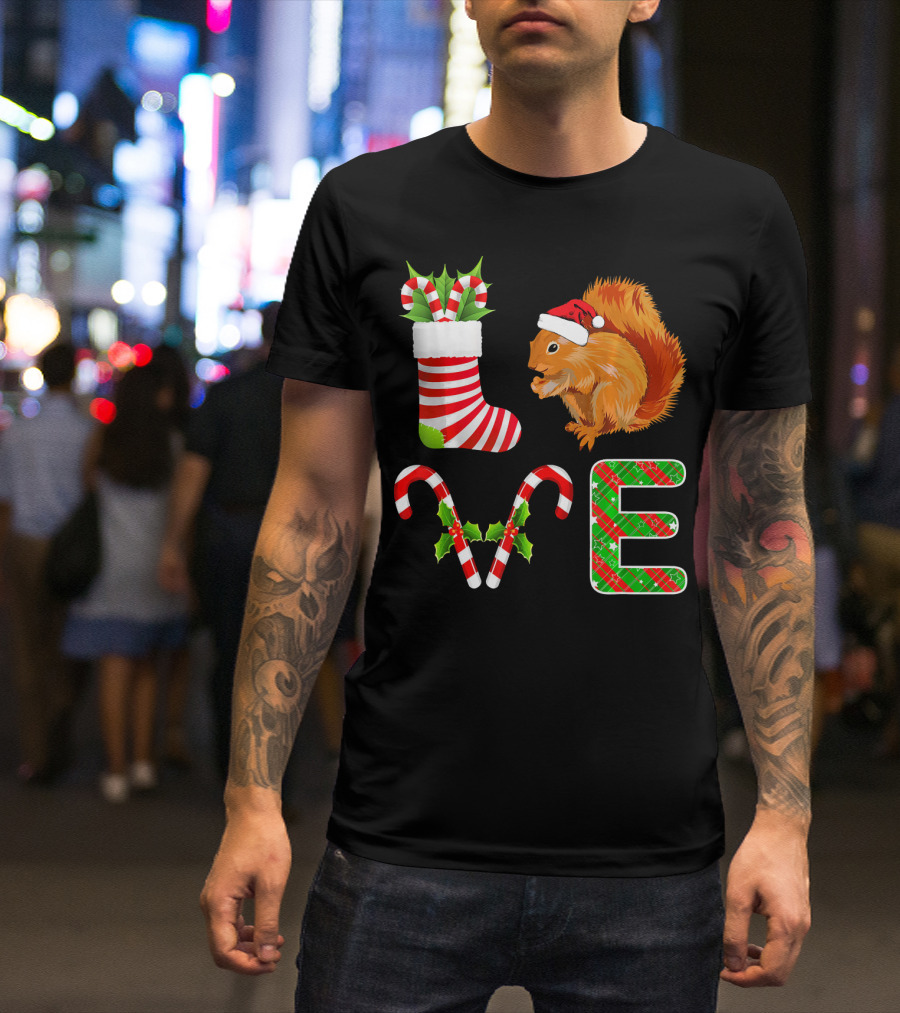 I Love Squirrel Funny Santa Squirrel Christmas Candy Cane Stocking T-Shirt