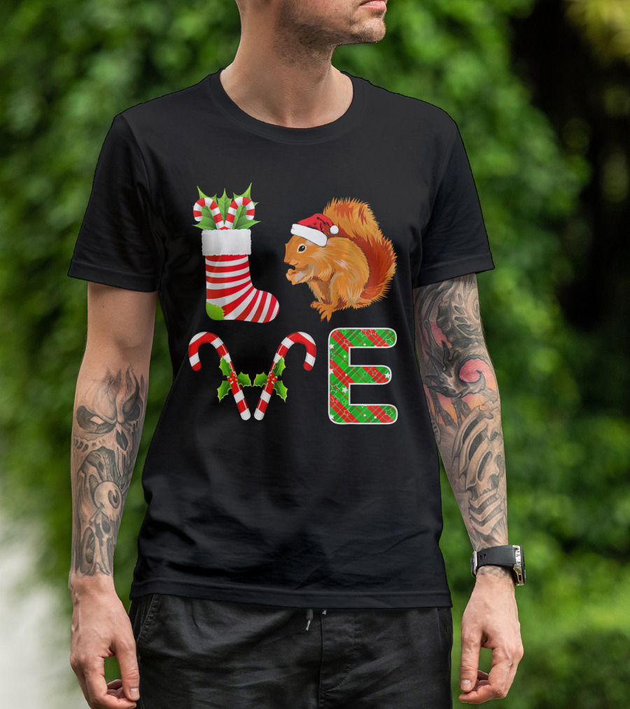 I Love Squirrel Funny Santa Squirrel Christmas Candy Cane Stocking T-Shirt