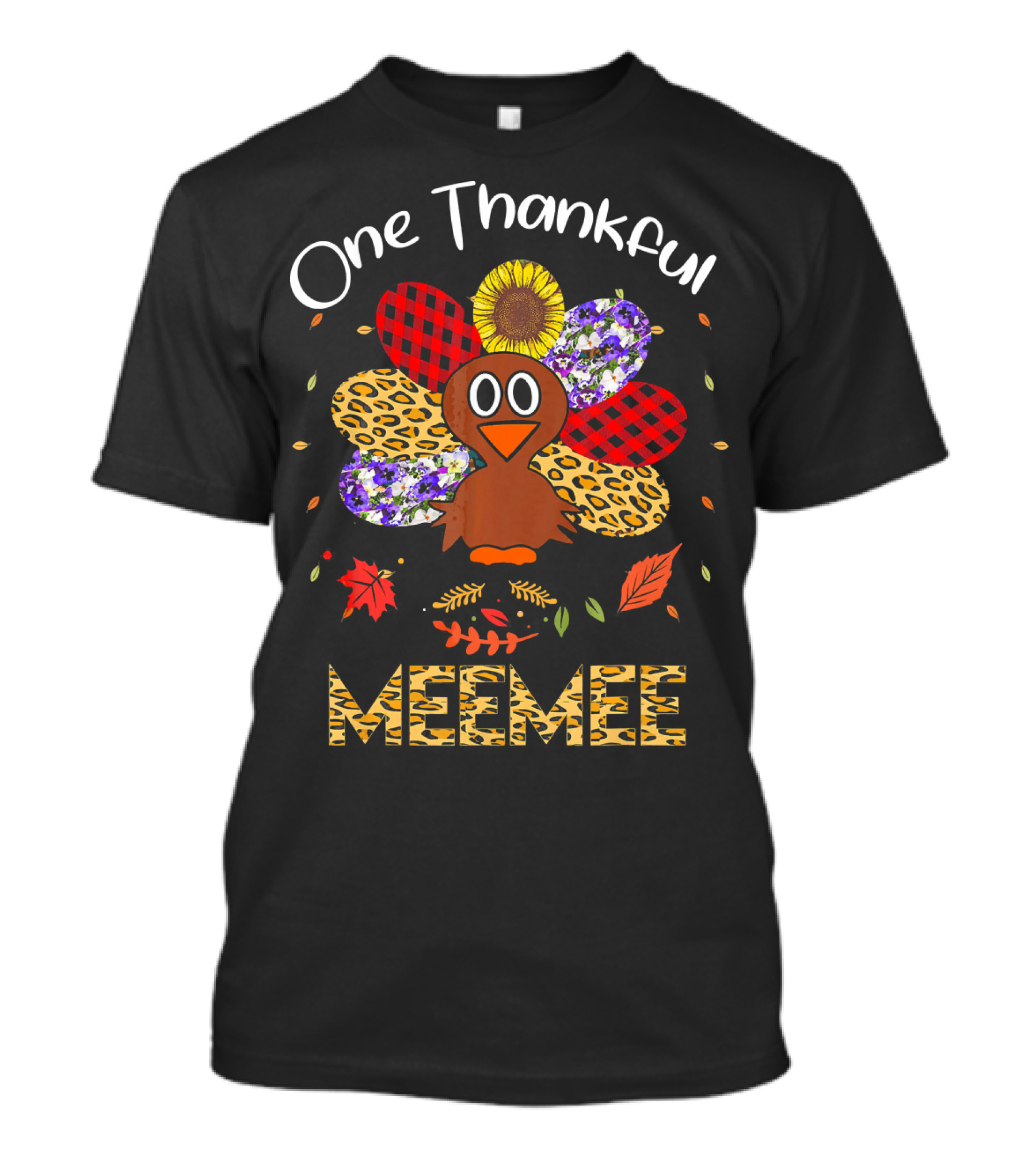 One Thankful Meemee Turkey Sunflower Leopard Buffalo Plaid T-Shirt