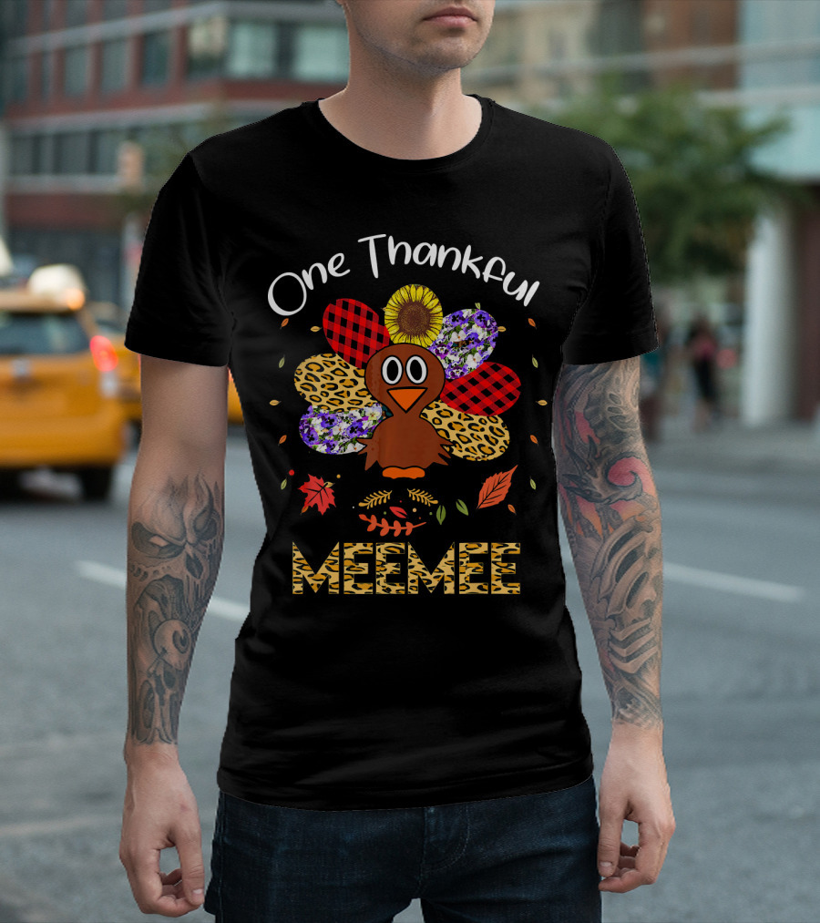 One Thankful Meemee Turkey Sunflower Leopard Buffalo Plaid T-Shirt