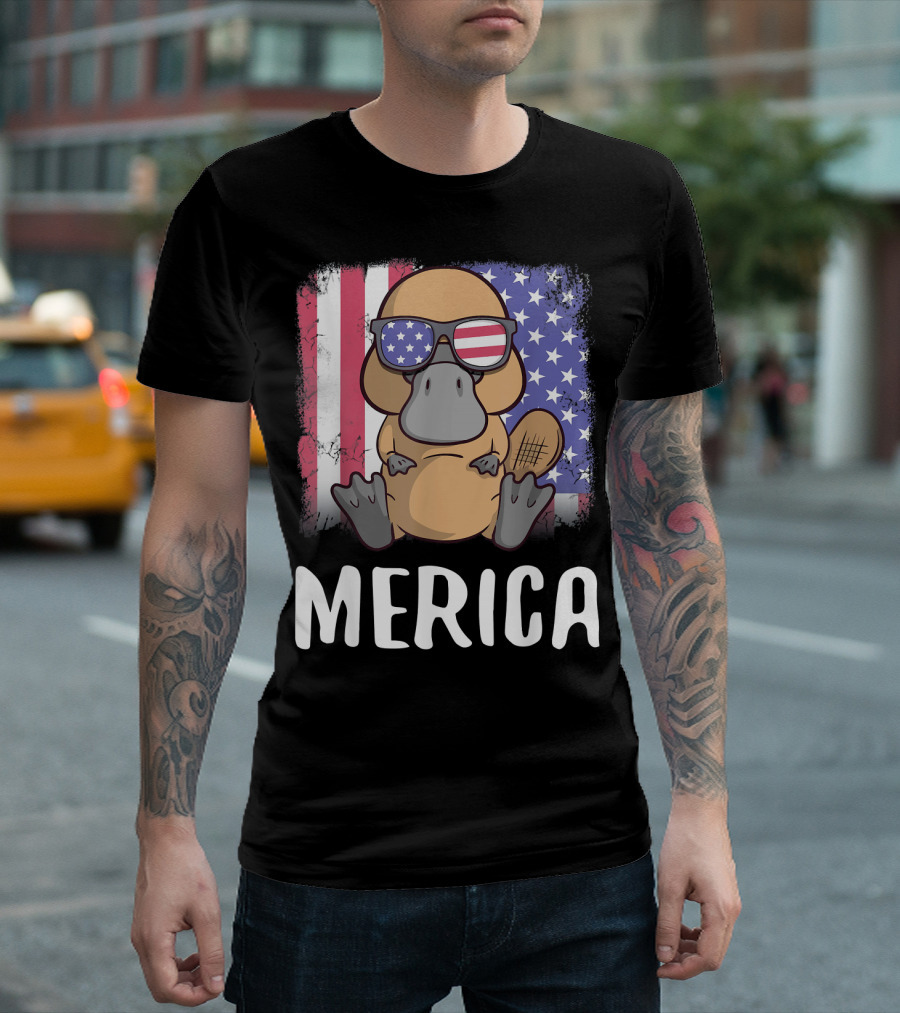 Merica Platypus with American Flag Sunglasses on USA Flag Background T-Shirt