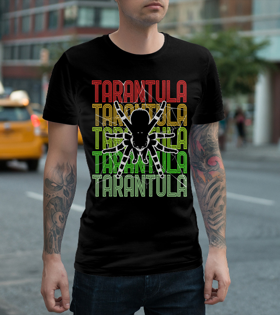Tarantula Insect Cobweb Letters Red Yellow Green T-Shirt