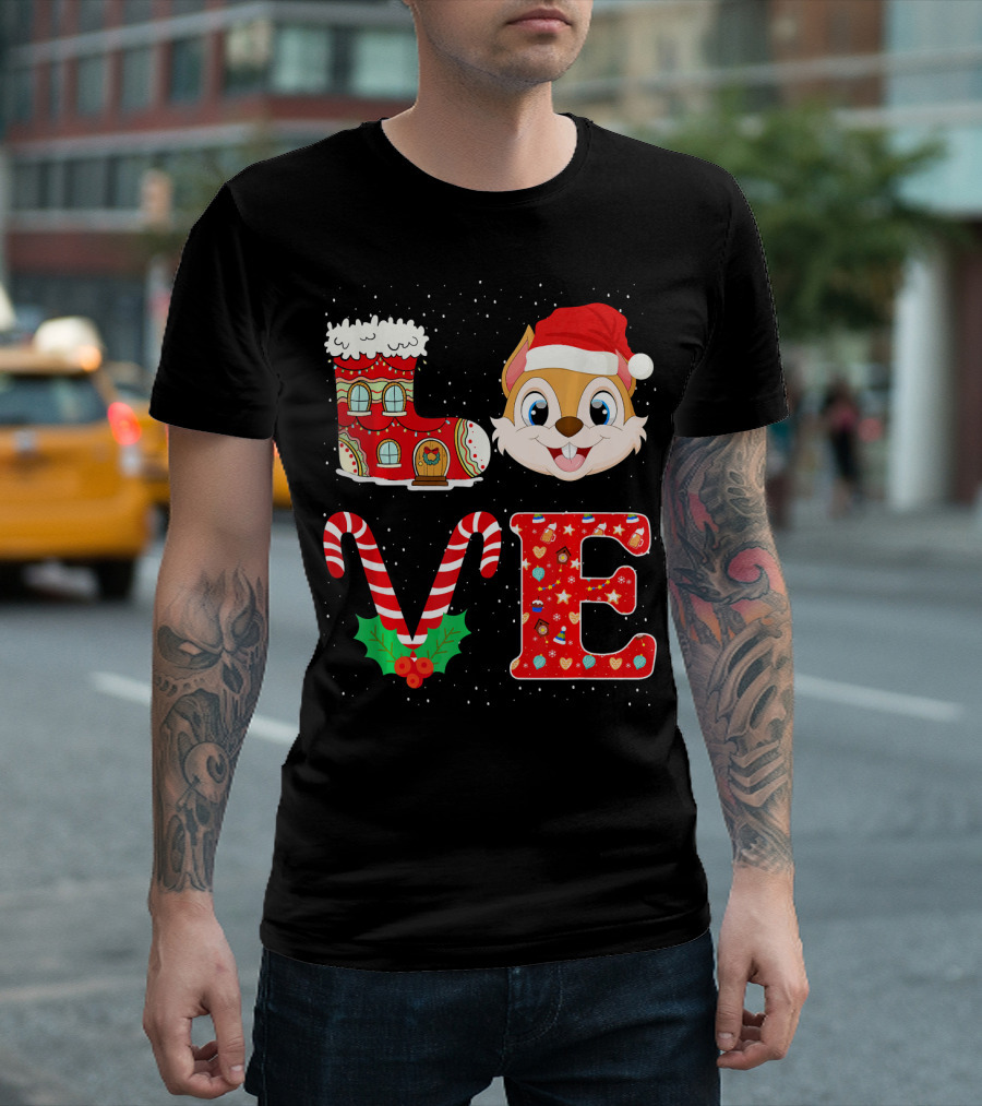 I Love Christmas Squirrel Santa Hat Boot Candy Canes Holiday T-Shirt