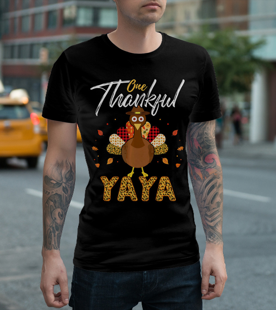 One Thankful YAYA Turkey with Autumn Leaves T-Shirt