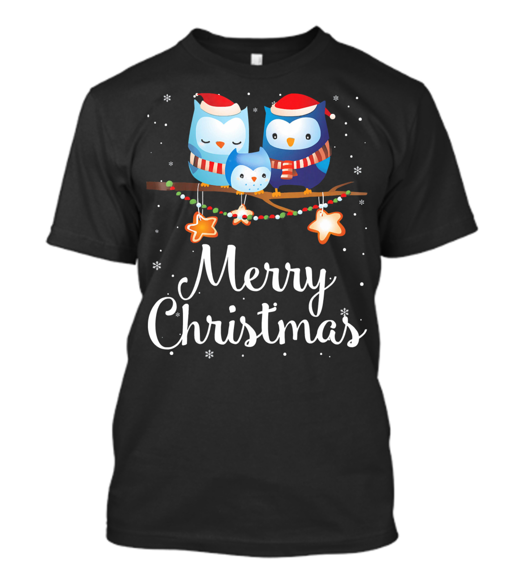 Merry Christmas Owl Family With Santa Hats And Holiday Lights T-Shirt