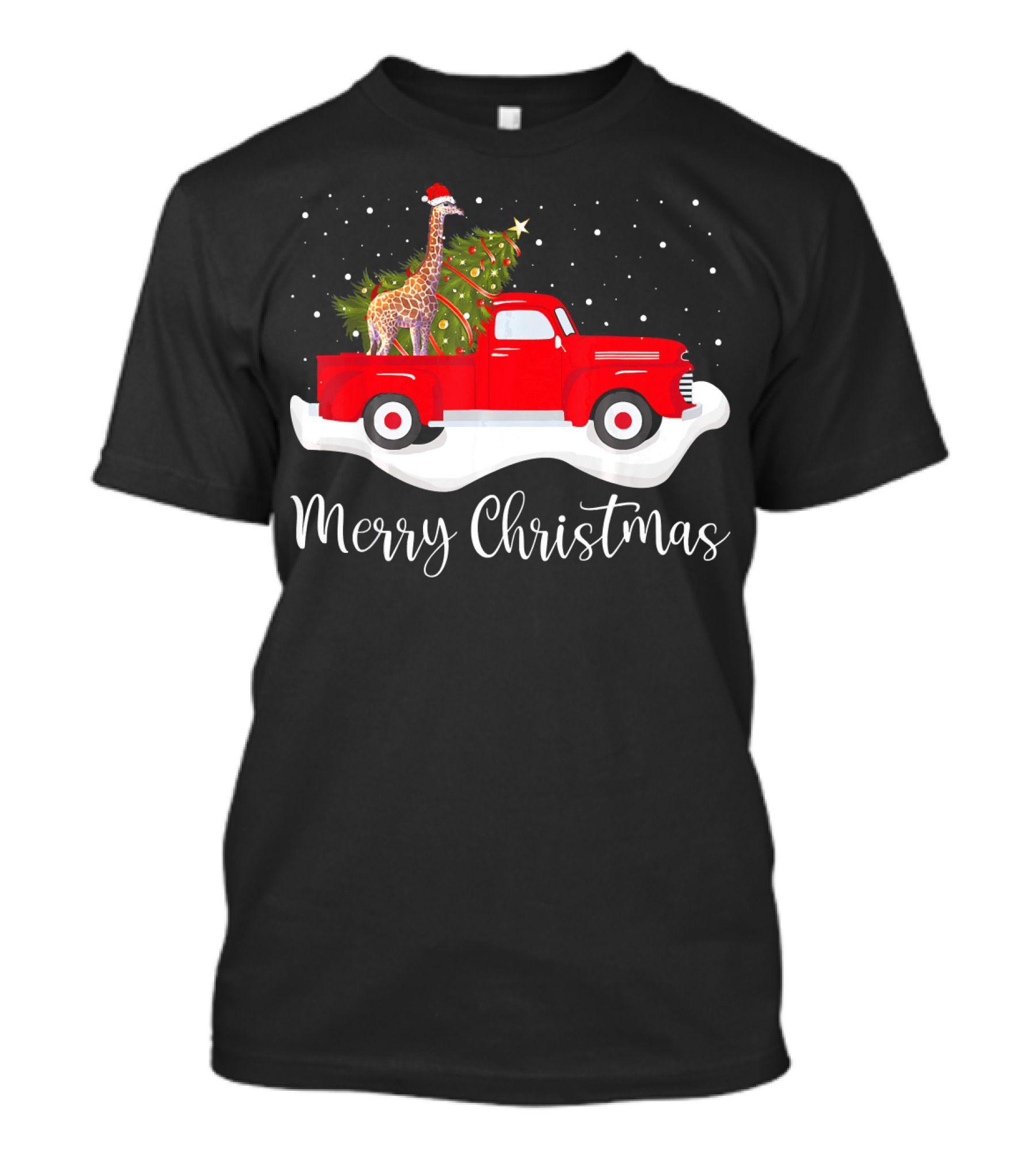 Merry Christmas Red Truck With Giraffe And Christmas Tree T-Shirt
