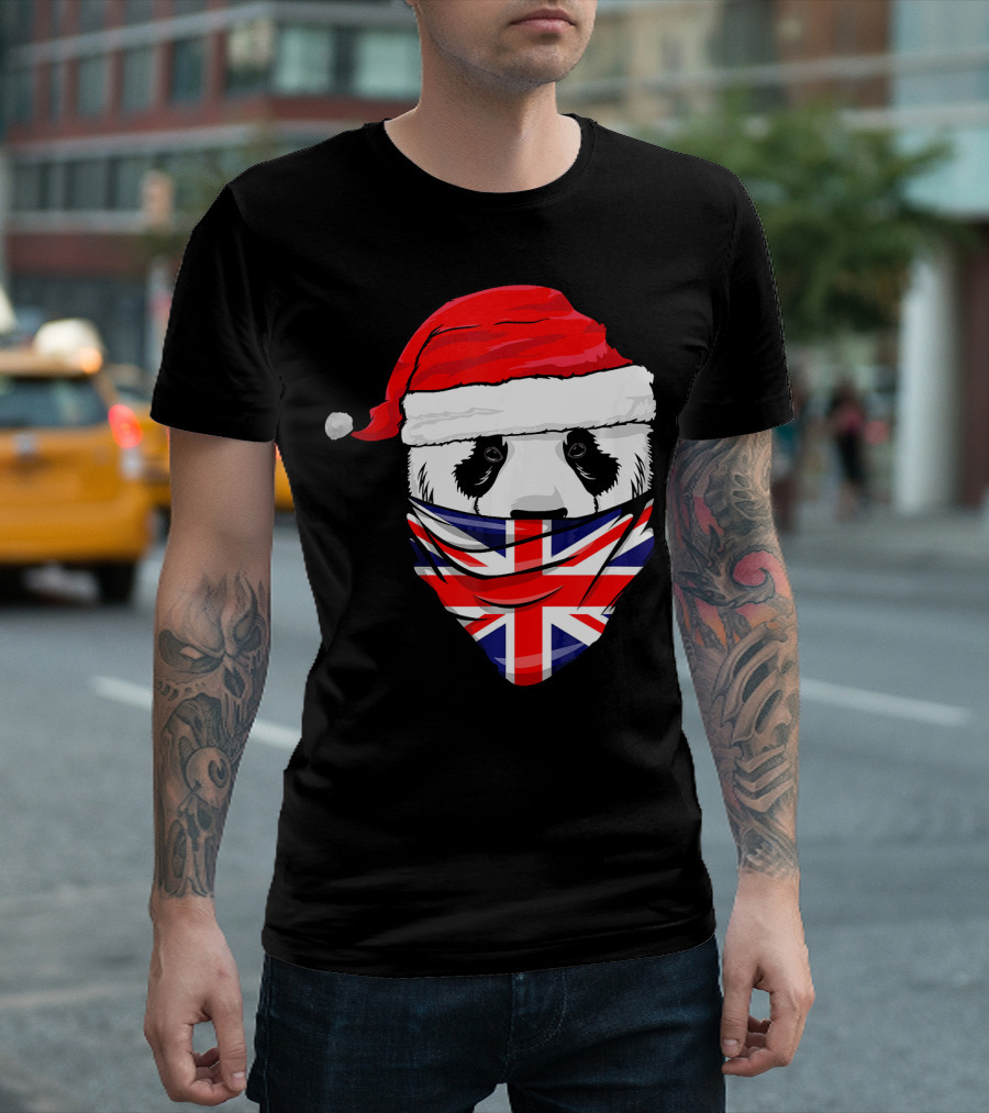 Panda In Santa's Hat With Union Jack Great Britain Flag Bandana T-Shirt