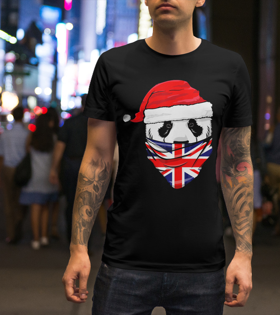 Panda In Santa's Hat With Union Jack Great Britain Flag Bandana T-Shirt