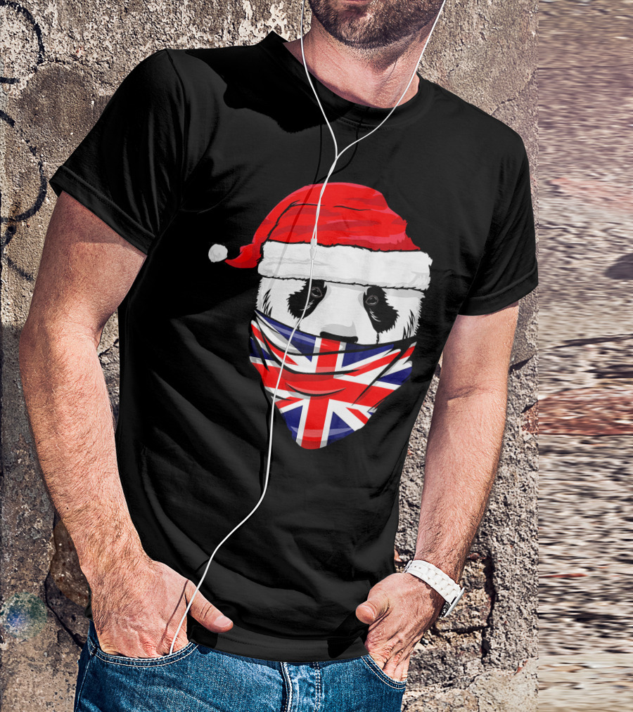 Panda In Santa's Hat With Union Jack Great Britain Flag Bandana T-Shirt