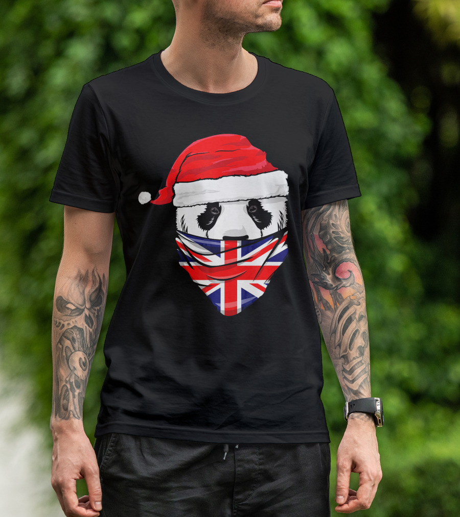 Panda In Santa's Hat With Union Jack Great Britain Flag Bandana T-Shirt