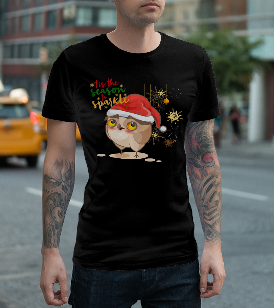 Tis The Season To Sparkle Owl Christmas Santa Hat Snowflakes T-Shirt