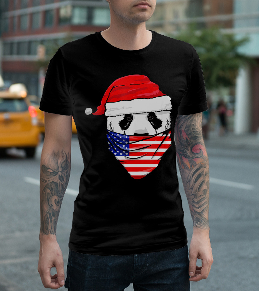 Panda Wearing Santa Hat and American Flag Bandana T-Shirt