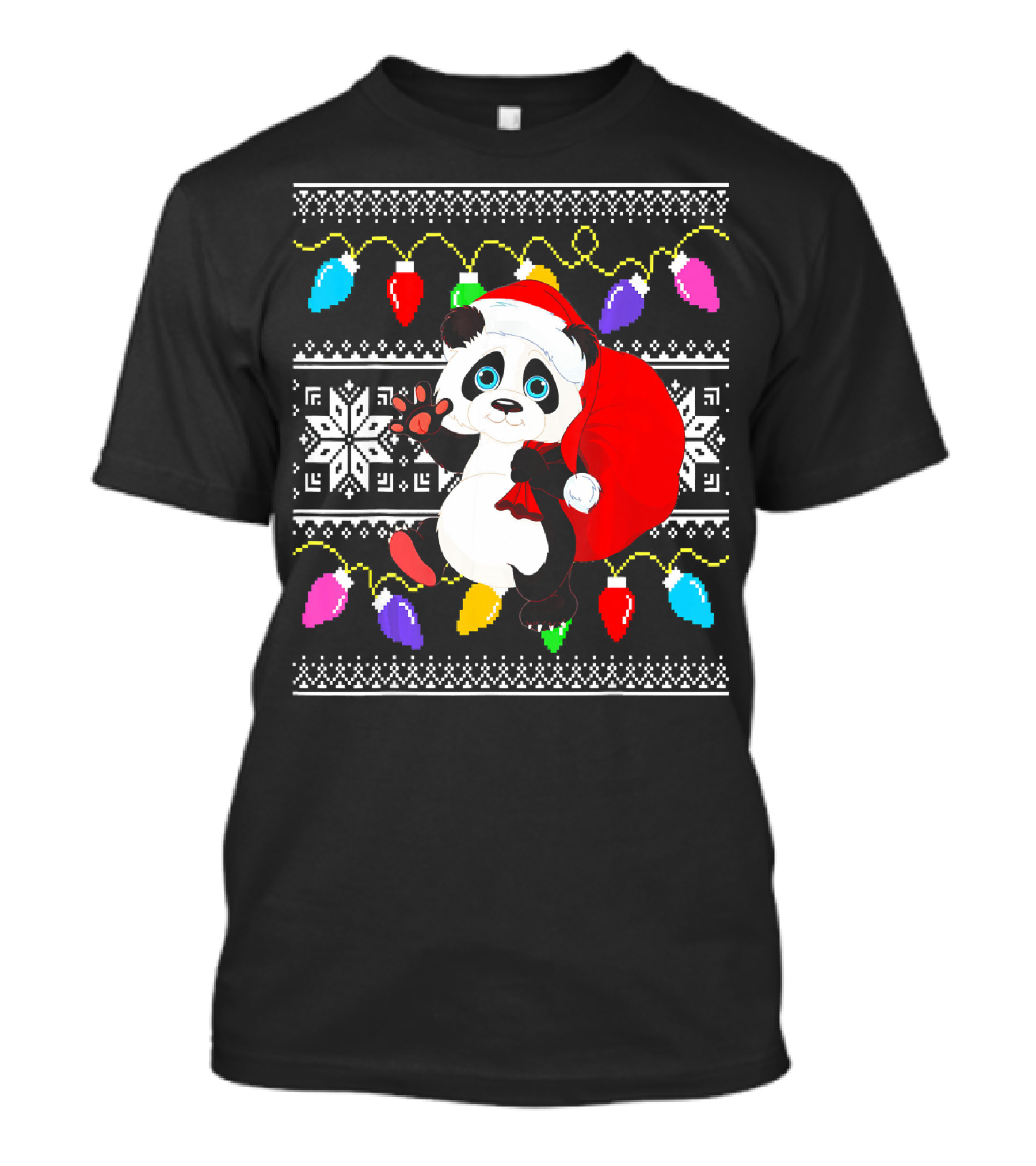 Panda Ugly Christmas Sweater Santa Hat Bear With Festive Lights T-Shirt
