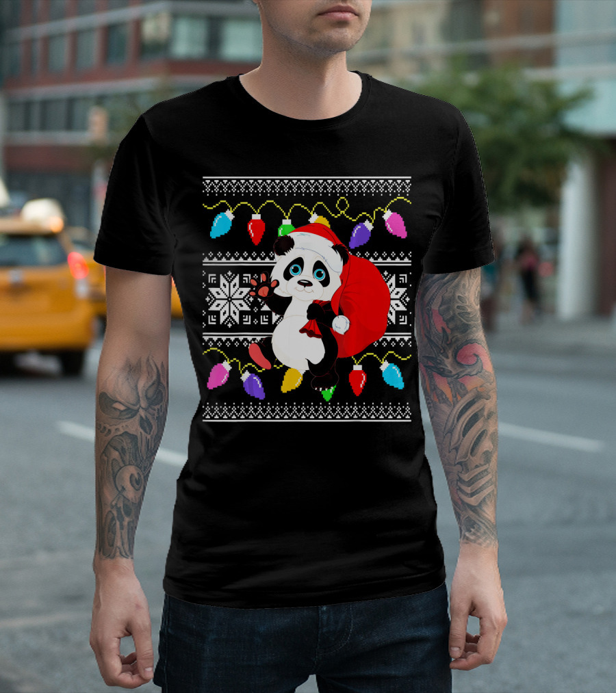 Panda Ugly Christmas Sweater Santa Hat Bear With Festive Lights T-Shirt
