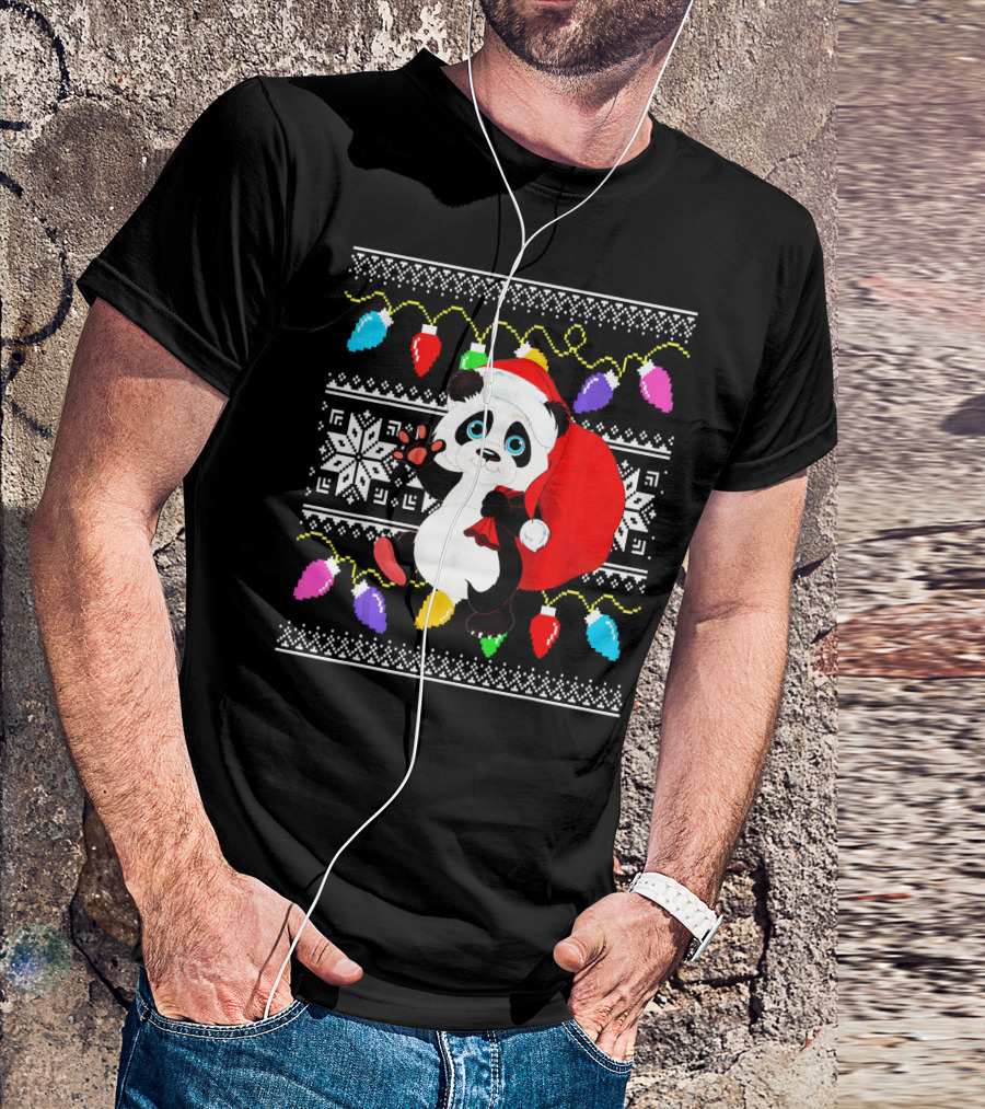 Panda Ugly Christmas Sweater Santa Hat Bear With Festive Lights T-Shirt