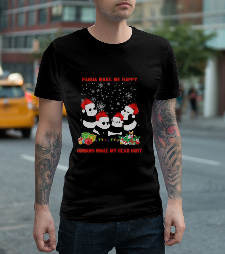 Panda Make Me Happy Humans Make My Head Hurt Christmas Pandas With Santa Hats And Snowflakes T-Shirt