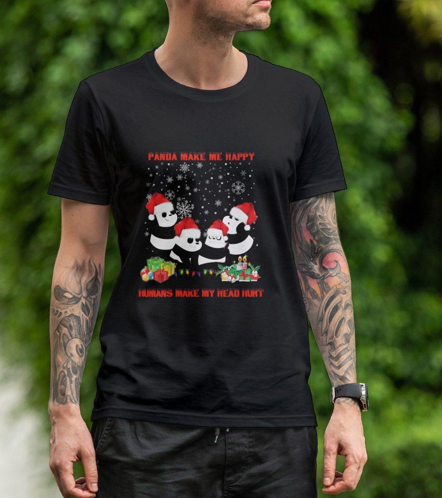 Panda Make Me Happy Humans Make My Head Hurt Christmas Pandas With Santa Hats And Snowflakes T-Shirt