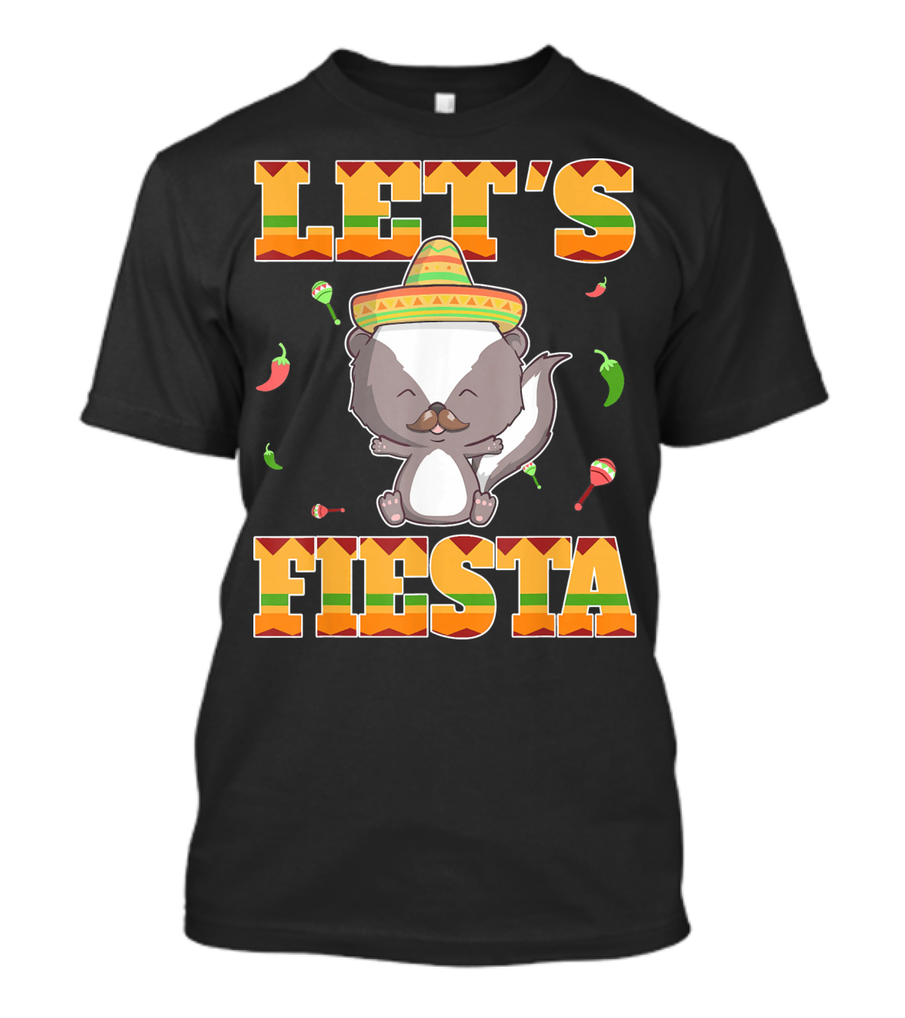 Let's Fiesta Skunk Cinco De Mayo Mexican Maracas Sombrero Peppers T-Shirt