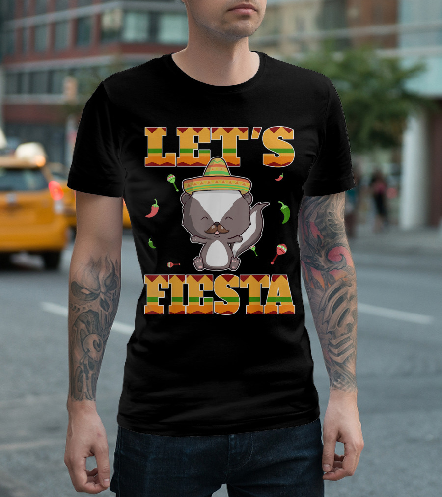 Let's Fiesta Skunk Cinco De Mayo Mexican Maracas Sombrero Peppers T-Shirt