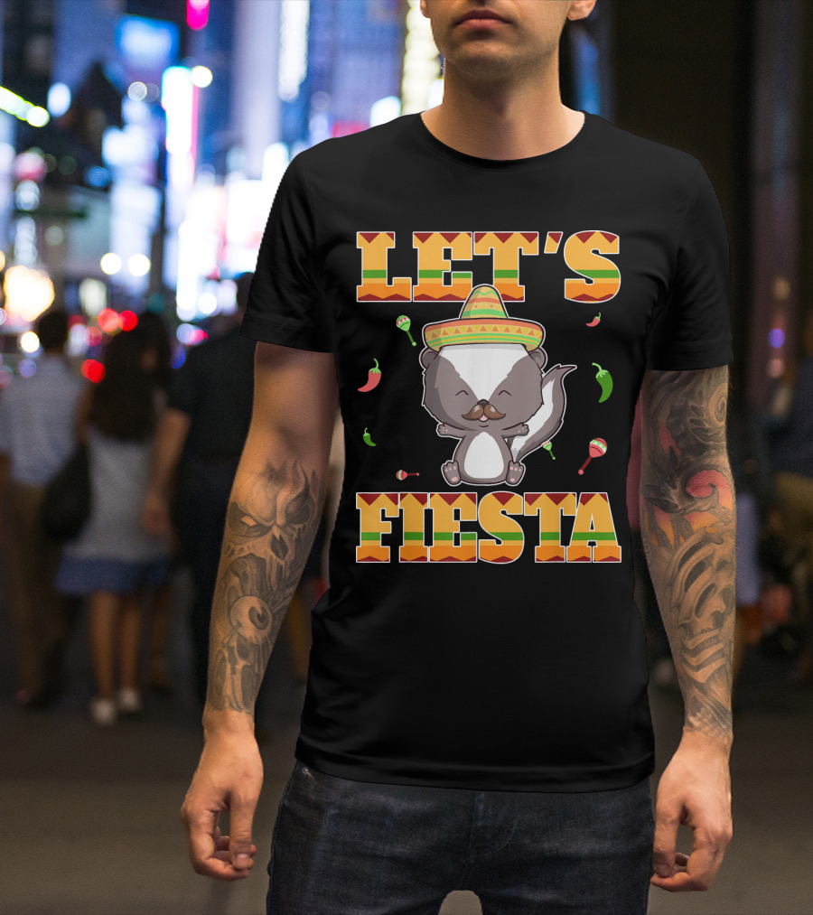 Let's Fiesta Skunk Cinco De Mayo Mexican Maracas Sombrero Peppers T-Shirt