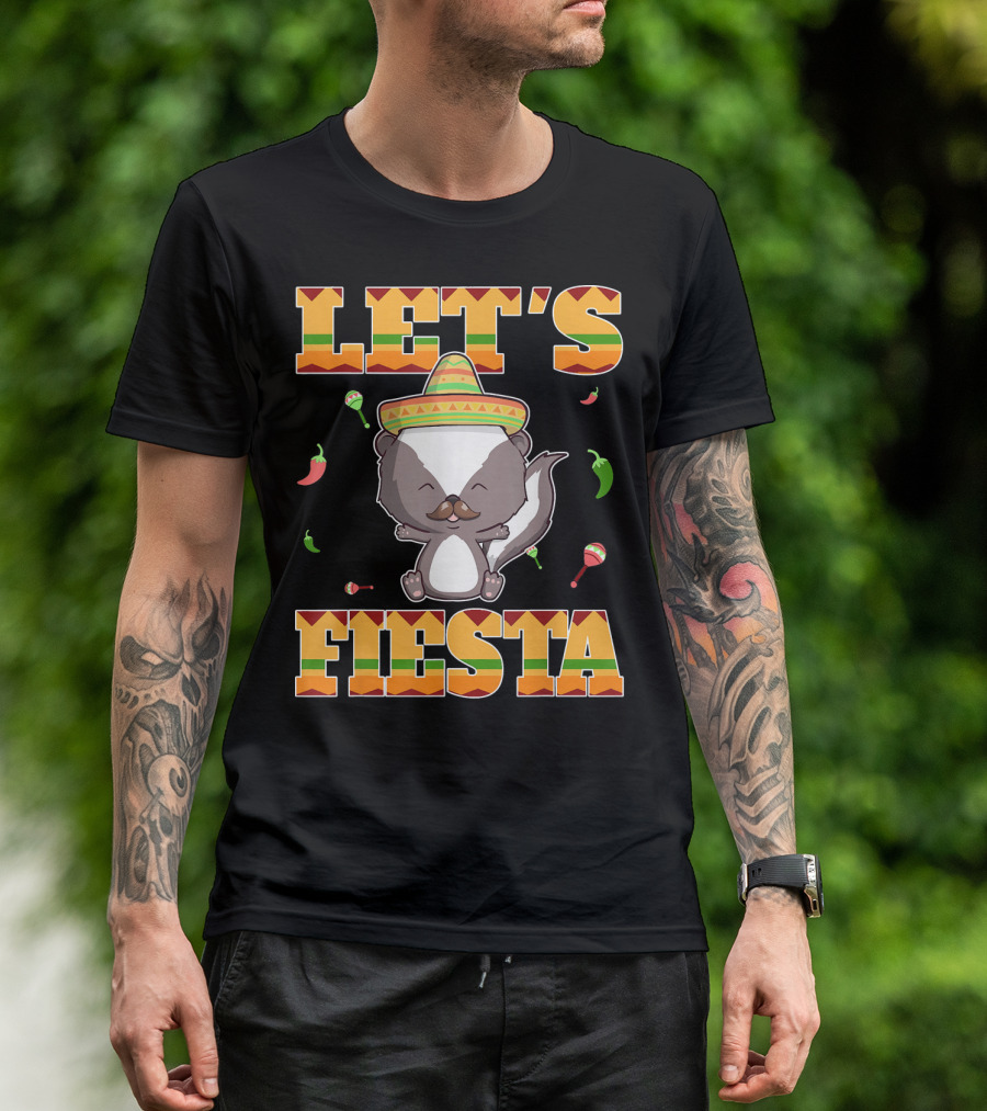 Let's Fiesta Skunk Cinco De Mayo Mexican Maracas Sombrero Peppers T-Shirt
