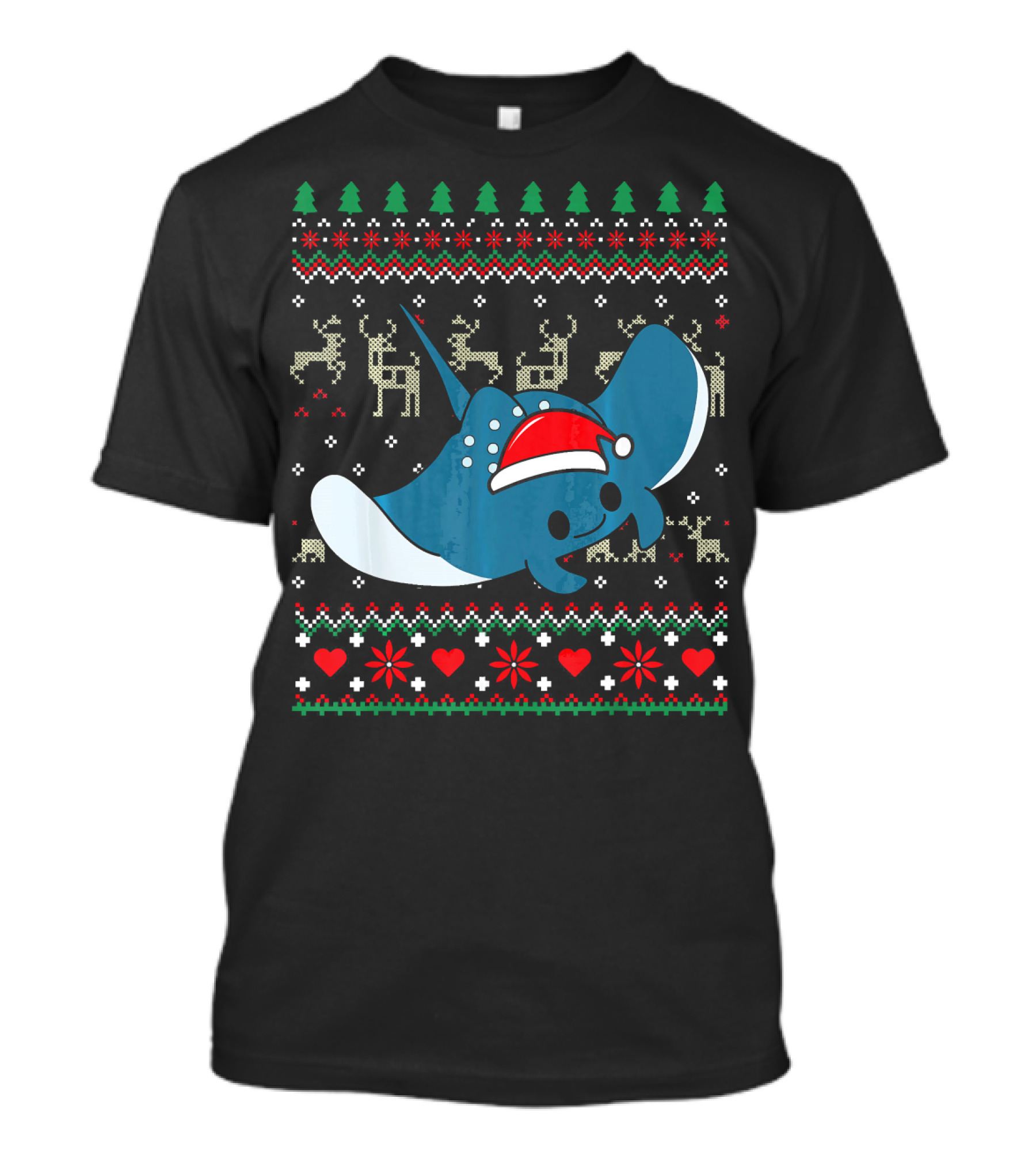 Manta Ray Christmas Ornament Ugly Sweater Pattern With Santa Hat And Reindeer T-Shirt