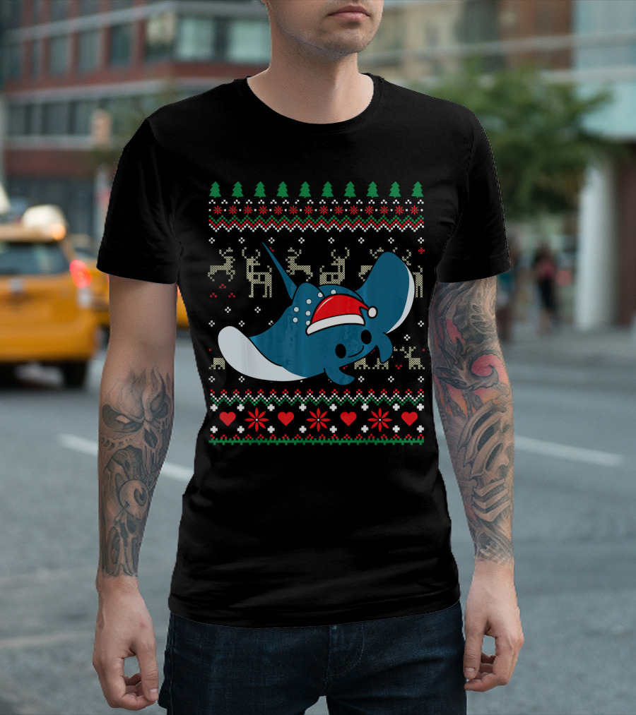 Manta Ray Christmas Ornament Ugly Sweater Pattern With Santa Hat And Reindeer T-Shirt