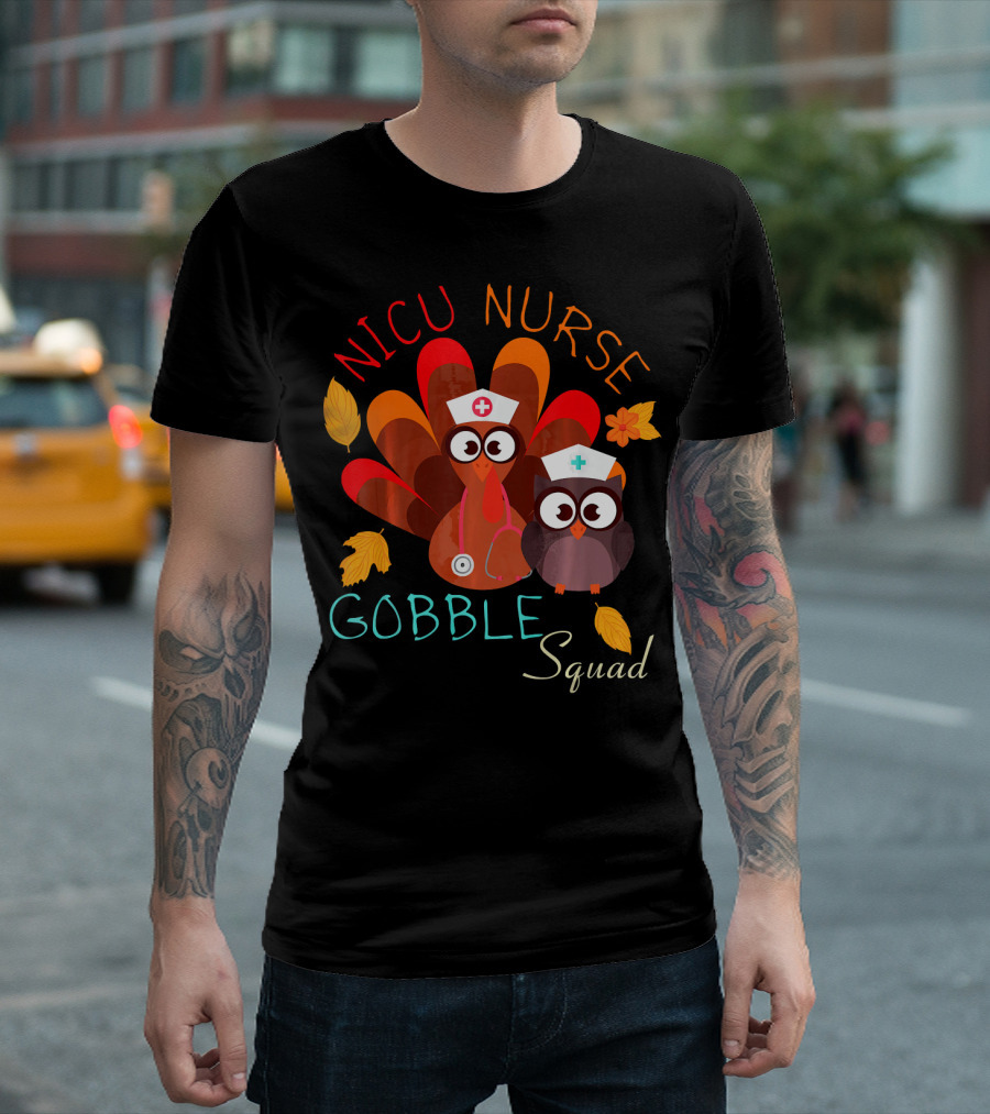 NICU Nurse Gobble Squad Funny Turkey Owl Leaf Fall T-Shirt