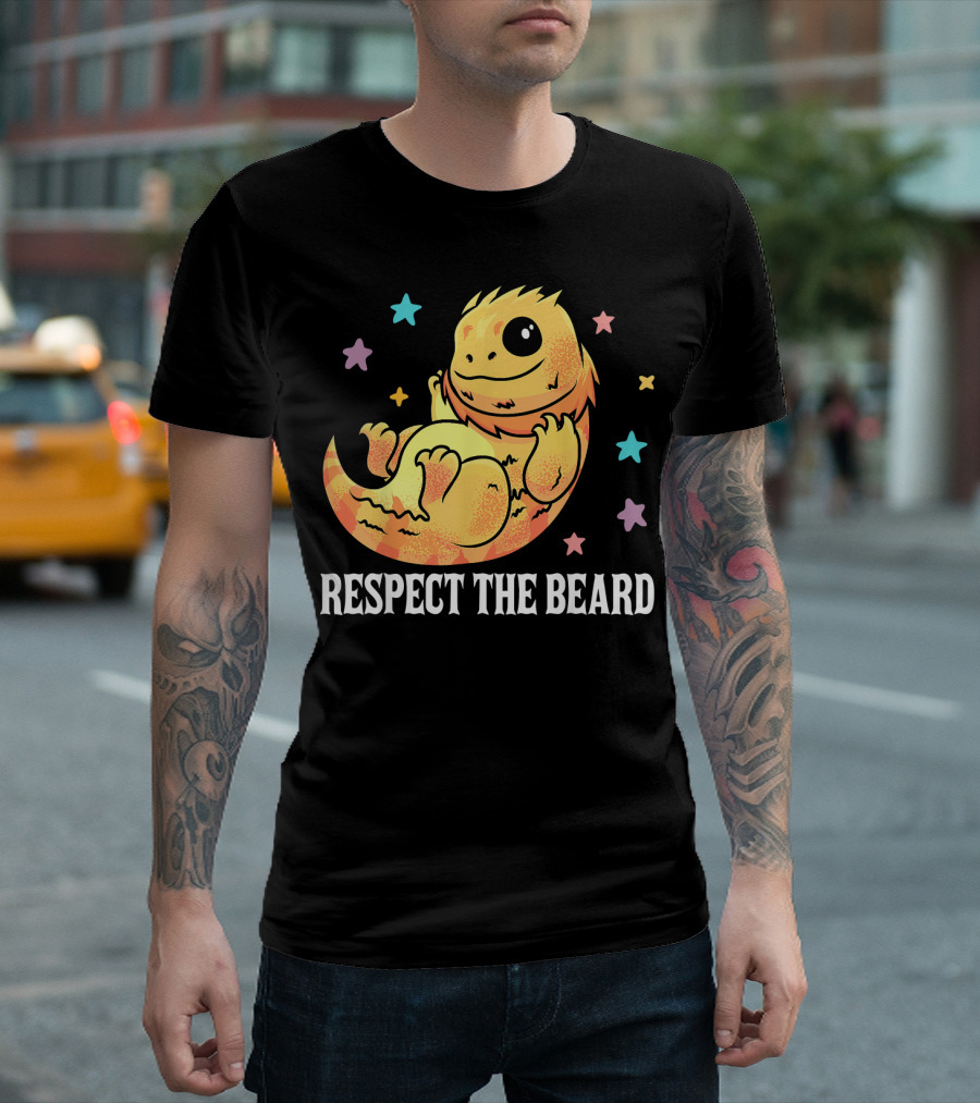 Mens Respect The Beard Funny Bearded Dra Reptile Cartoon with Stars T-Shirt