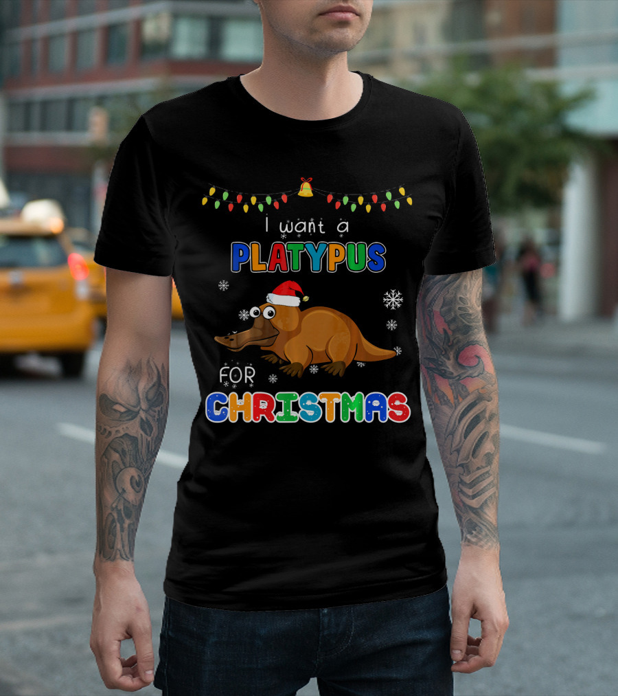 I Want A Platypus For Christmas With Santa Hat and Festive Lights T-Shirt