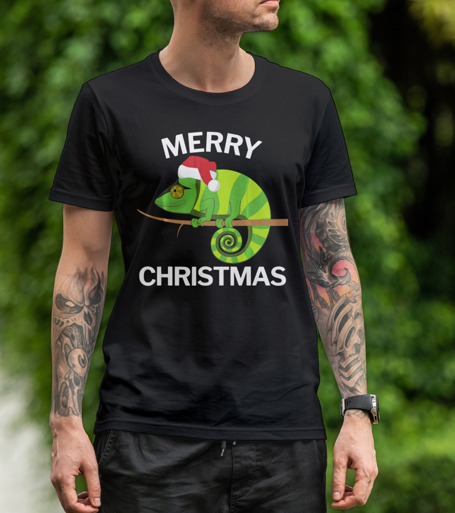 Merry Christmas Green Chameleon Santa Hat T-Shirt