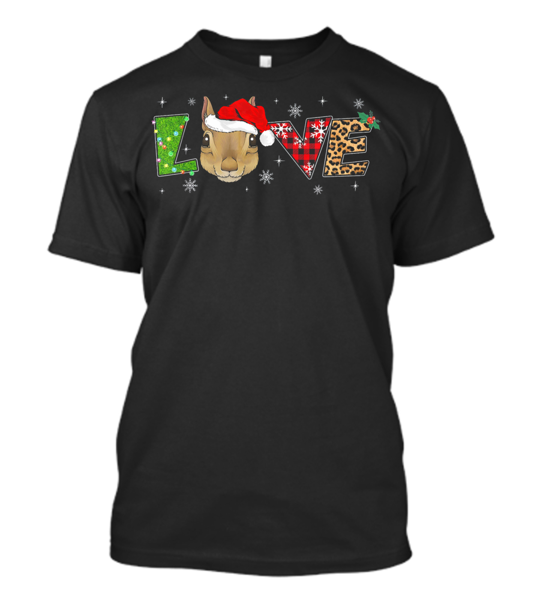 LOVE Squirrel Santa Christmas Snowflakes Plaid And Leopard Print T-Shirt