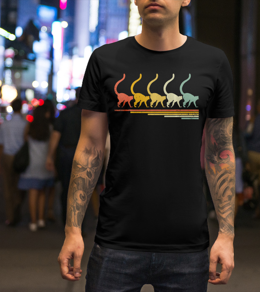 Lemur Retro Vintage 70s 80s Animal Silhouette Rainbow Stripe T-Shirt