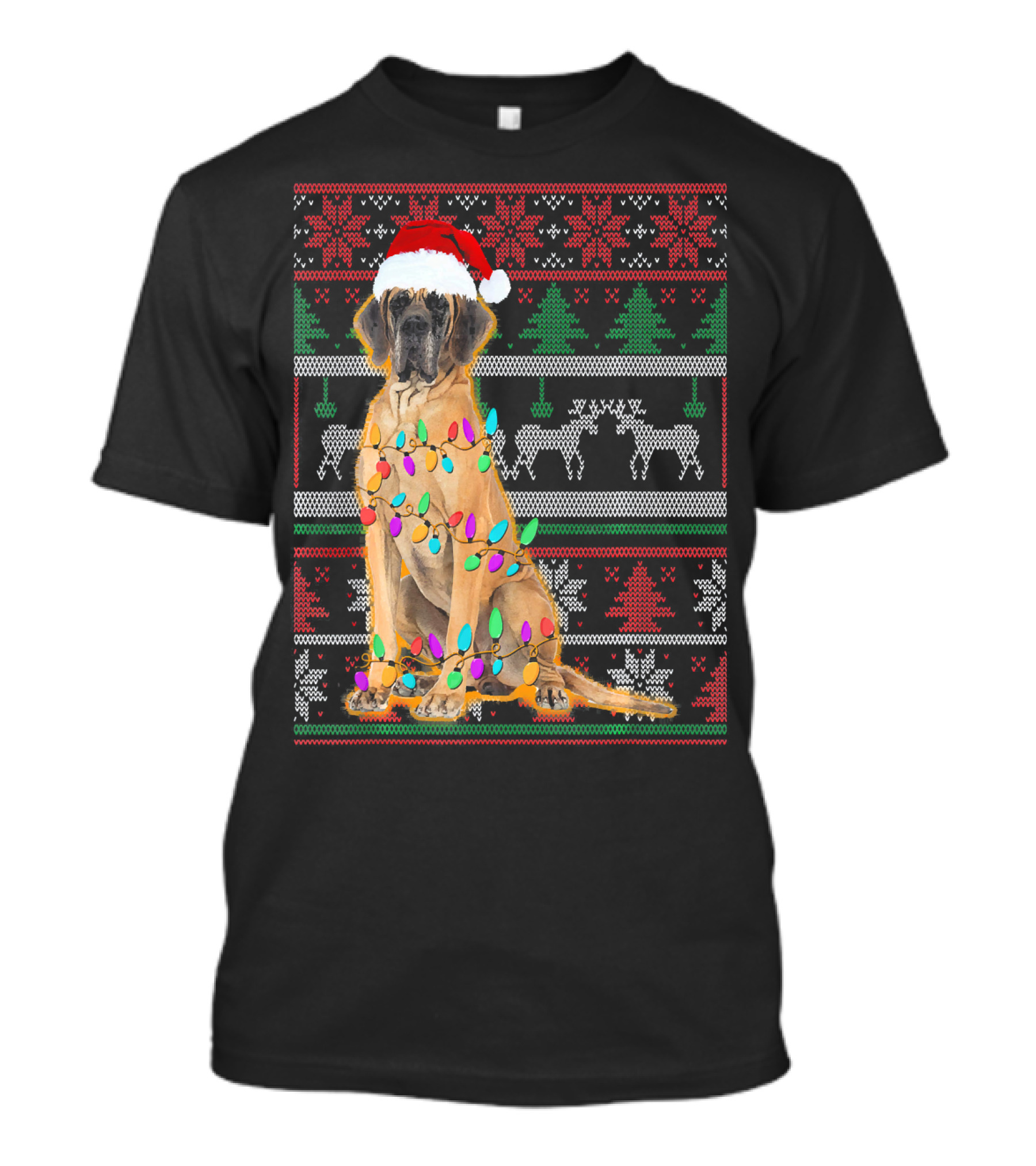 Great Dane Christmas Santa Hat Lights Ugly T-Shirt